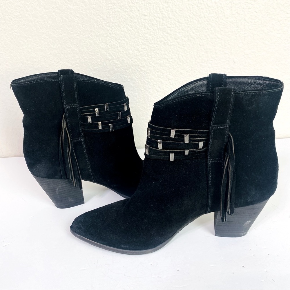 Frye Black Suede Reed Showdown Fringe Stud Booties Size 10 - Picture 2 of 6